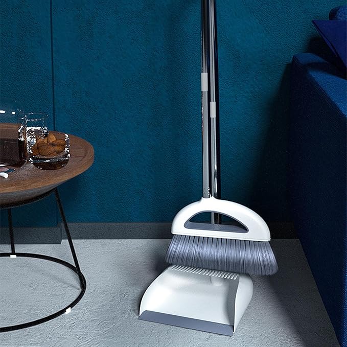 Broom and Dustpan Combo for Office, Broom and Dustpan Set for Home, Long Handle Broom with Upright Standing Dustpan, Indoor & Outdoor Sweeping