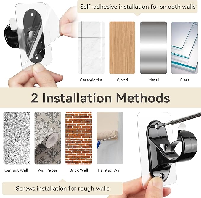 ANDGOO 18 Pack No Drill Curtain Rod Brackets, Renter Friendly Self Adhesive Curtain Rod Holders, Heavy Duty No Drilling Curtain Rod Hooks for Apartment Bedroom Bathroom Dorm Classroom Kitchen (Black)