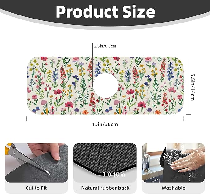 Watercolor Wildflower Dish Drying Mat for Kitchen Counter, 18"x24" Microfiber Absorbent Fast Dry Mat, 2Pcs Dish Mat Faucet Mats Sets, Large Drying Kitchen Mat Kitchen Drying Pad Coffee Bar Decor Gifts