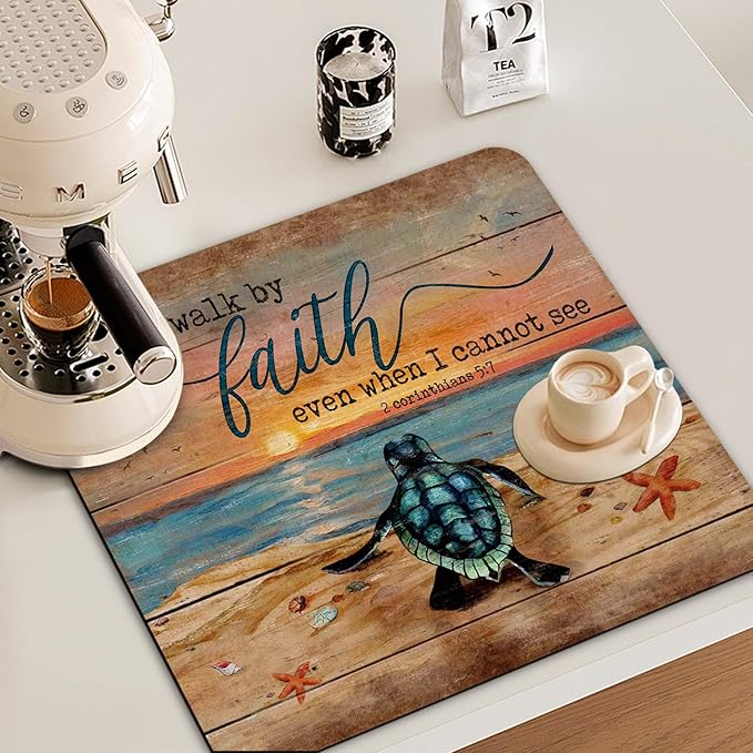 Sea Turtle Christian Dish Drying Mat - Christian Absorbent Dish Drying Mat for Kitchen Counter,Coffee Bar Mat,Coffee Maker Mat for Countertops, Christian Kitchen Decor, 16x17.5 Inch