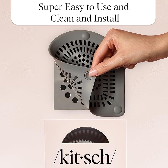 Kitsch Shower Drain Hair Catcher - Sink Drain Strainer that Prevents Clogs, Shower Drain Cover, Anti-Clogging, Bathtub & Shower Cover, Durable & Easy to Clean, Made with Silicone, Universal Fit - Grey