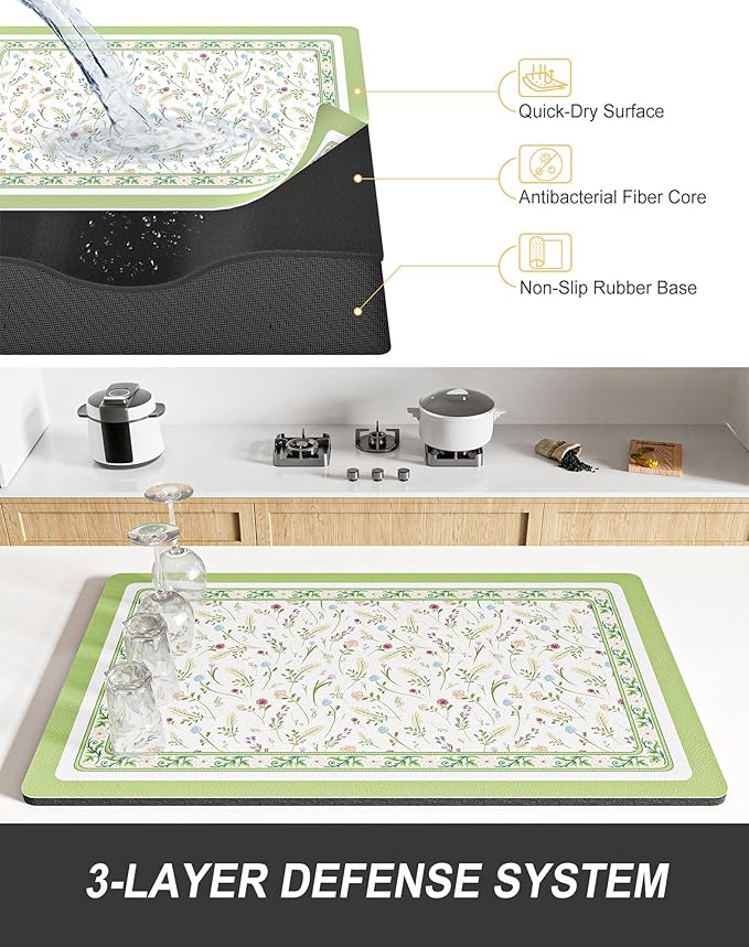Rnivvi Dish Drying Mat for Kitchen Counter, XL 15 x 24" Cute Flower Theme Absorbent Draining Pad, Non-Slip Heat Resistant Coffee Bar Mat for Coffee Machine Station Accessories, Green Dish Rack Pad