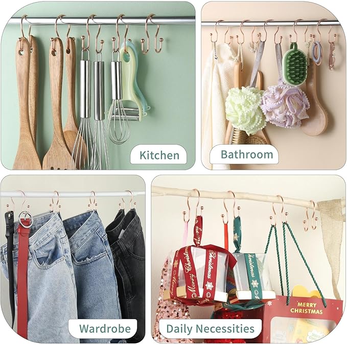 Goowin Shower Curtain Hooks, 12 Pcs Shower Curtain Rings, Stainless Steel Shower Curtain Hangers, Metal Shower Curtain Hooks Rings Rust Proof, Minimalist Shower Hooks for Shower Curtain, Rose Gold