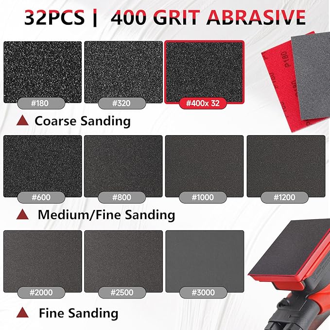 32-Pack 3x4 Inch 400 Grit Hook & Loop Sanding Sponges - Wet/Dry Foam Pads for Medium-Grit Surface Leveling on Wood, Metal & Automotive