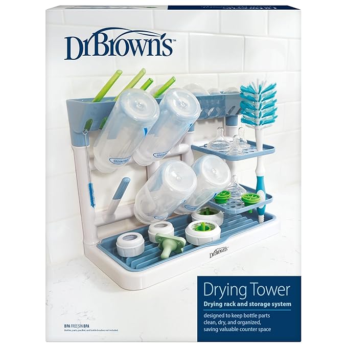 Dr. Brown's Drying Tower, Stand-Up Drying Rack, Countertop Baby Bottle Drying with Organized Storage for Baby Essentials, Space Saving Vertical Rack, Blue