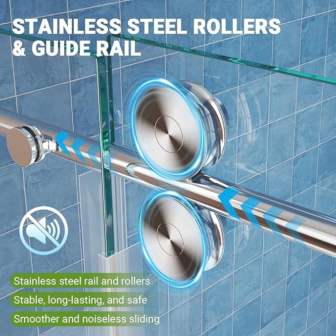 Frameless Sliding Shower Door 44–48 in W x 76 in H, 5/16" (8mm) Clear Tempered Glass Shower Doors Glass Sliding 48 Inches, Double Nano Coating, Stainless Steel Hardware, Silent Smooth Rollers, Chrome