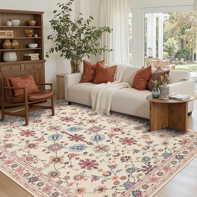 Pink Rug for Living Room Bedroom, Floral 5x7 Washable Rug,Vintage Boho Area Rug, Large Non Slip Flower Carpet for Indoor Dining Room,Girls Room,Nursery Room and Kids Room(Blush Pink 5x7ft)
