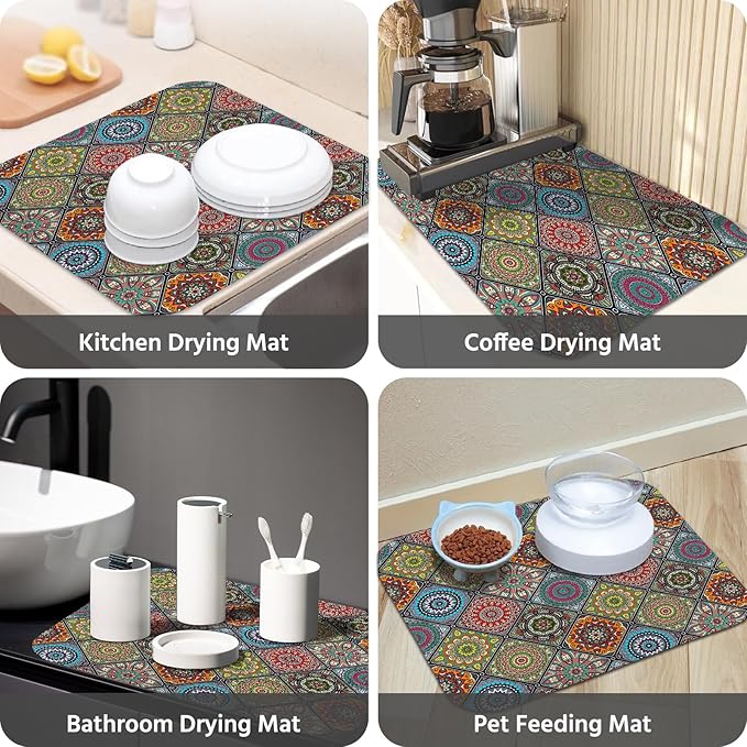 Dish Drying Mat for Kitchen Counter 18x24 Inch, Super Absorbent Dish Drainer Mat, Decorative Microfiber Dishes Drying Pad-Large(Plaid Boho)