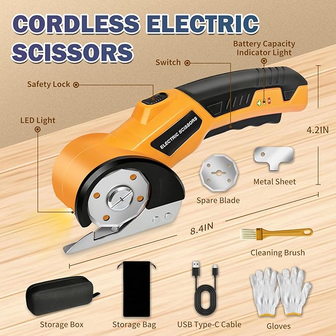 Electric Scissors, Cardboard Box Cutter with Safety Lock & LED Light, 2000mAh Battery, Tungsten Steel Blade, Storage Bag and Box, Suitable for Fabric Carpet Carton Plastic Leather Cloth