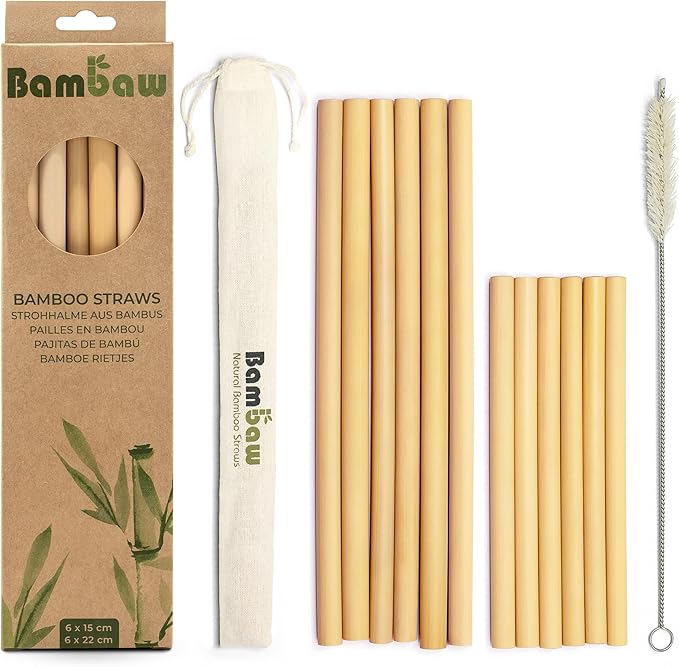Bambaw Bamboo Straws Reusable With Cleaner Brush & Pouch, Eco-Friendly Dishwasher Safe, Pack of 12 - 5.9'' & 8.7''