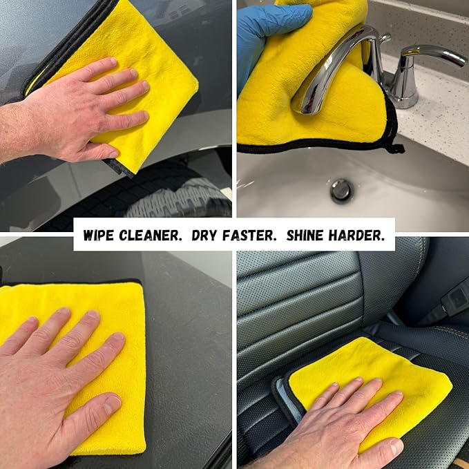 Deluxe Premium Microfiber Towels (Pack of 10) Ultra-Absorbent Soft Polishing Drying Cleaning Washable Durable Thick Professional Car Wax Cloth Household Cleaning 600GSM Dual-Sided Gray Yellow