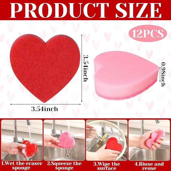 Tioncy 12 Pack Pink Heart Kitchen Sponges Bulk Dual Sided Valentine Scrubber Sponges Dishwashing Cleaning Accessories for Valentine Kitchen Supplies