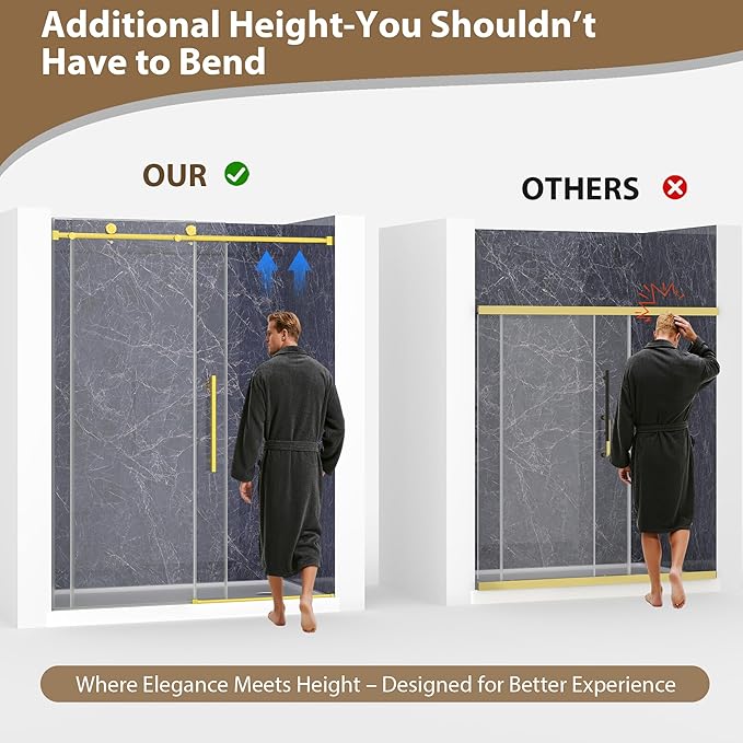 Frameless Glass Shower Door, 61-66" W x 76" H Sliding Frameless Shower Door, 1/4''(6mm) SGCC Tempered Glass, Explosion-Proof Film Nano Coating, Stainless Steel Hardware, Brushed Gold