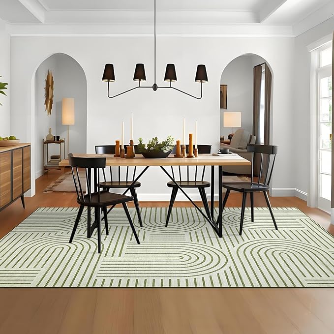 Washable Rug 6x9 Area Rugs for Living Room, Abstract Rug for Bedroom, Soft Rainbow Non Slip Throw Rugs with Rubber Back, Low Pile Stain Resistant Boho Geometric Carpet for Dining Room, Green