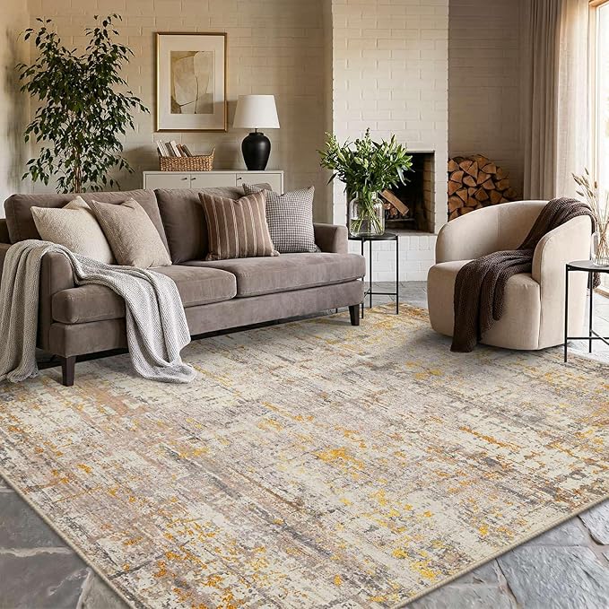 6x9 Washable Area Rug for Living Room, Modern Abstract Large Boho Rugs for Office, Dining Room, Kids Room, Farmhouse, Durable Low Pile Non Slip Carpet for High Traffic Areas, Gold Beige
