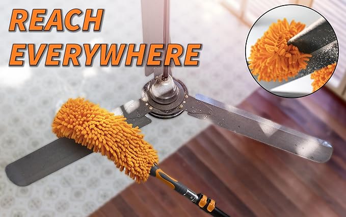 24 Foot High Reach Duster Kit with 5-18 ft Extension Pole // High Ceiling Dusting and Window Cleaning Kit with Telescopic Pole // Baseboard and Wall Washer Mop, Squeegee, Fan Blade & Cobweb Dusters