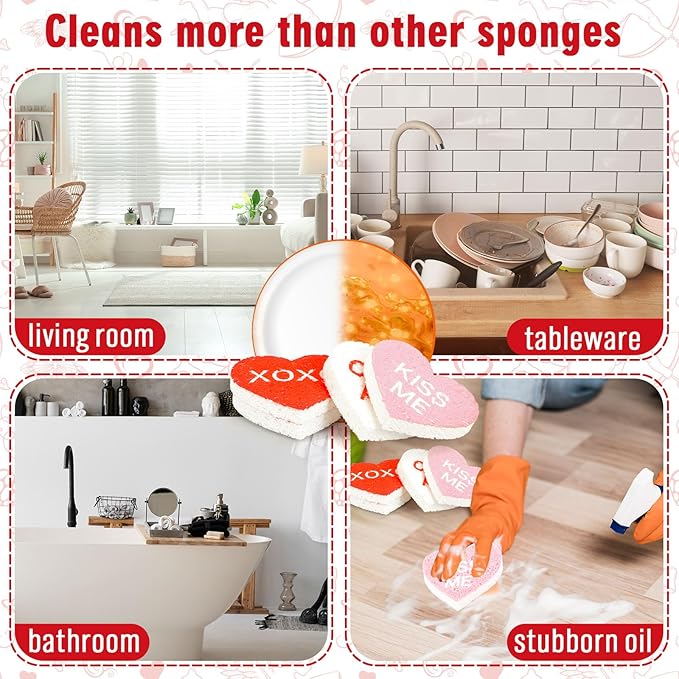 Whaline 8Pcs Valentine’s Day Kitchen Sponges Water Absorbing Dish Washing Sponge Red Pink Conversation Heart Non Scratch Cleaning Scrub Sponges for Holiday Home Kitchen Bathroom