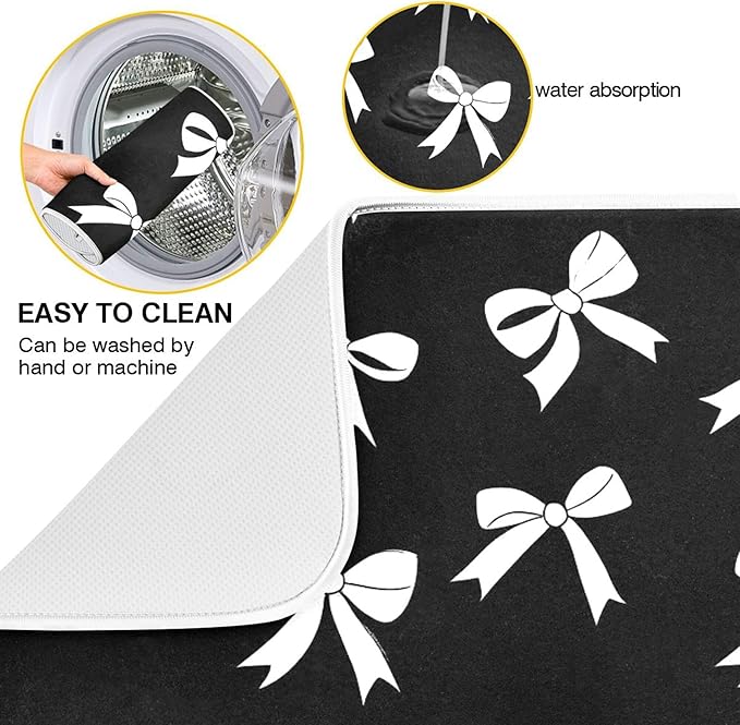 Black Bow Dish Drying Mat for Kitchen Countertop 16x18 Bowknot Coquette Rectangle Small Drying Mat Reusable Quick Dry Dish Sink Absorbent Mats Dishwasher Easy Clean Decorative Home Decor Essentials