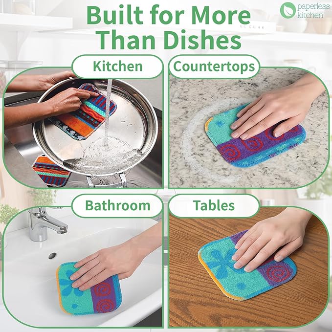 Set of 4 Premium Paperless Kitchen Dish Wash Scrubs – Sponge Scour Pads Made of 100% Natural Organic Fibers W/Non-Toxic Coat – Non-Scratch Surface – 5” x 6.5” – Ideal for Kitchen, Bathroom Cleaning