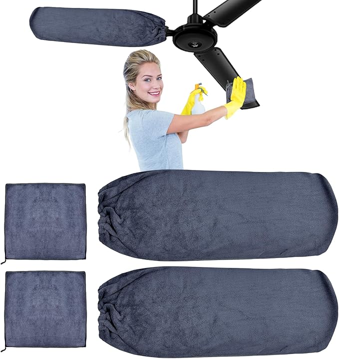 4 PCS Ceiling Fan Duster Kits,100% Microfibre Fan Blade Cleaner for high Ceiling Fan Blades.Machine Washable and Reusable,Includes 2 Ceiling Fan dusters and 2 Microfibre Towels（Grey） (Grey)