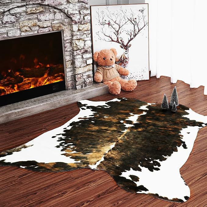 Amearea Faux Cow Hide Rug 3.2x2.3 Feet, Premium Western Home Decor Cow Print Rugs for Living Room, Faux Leather Animal Cowhide Carpet for Bedroom, Dining Traditional Cow Print Stuff Carpets, Brown
