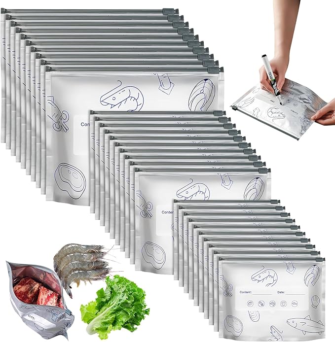 30PCS Reusable Aluminum Foil Sealable Storage Bags, 2025 New Resealable Vacuum Zipper Pouches for Food, Stand Up Foil Sealable Bags with Label and Zip Lock for Vegetable Fruit Meat (3 Size)