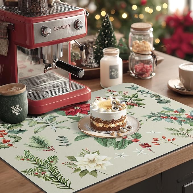 LOKHOM Christmas Dish Drying Mat for Kitchen Counter, 18"x24" Absorbent Christmas Sage Flower Herbs Drying Mat with Red Plants, Christmas Holiday Dish Rack Mat Coffee Maker Dining Room Decoration