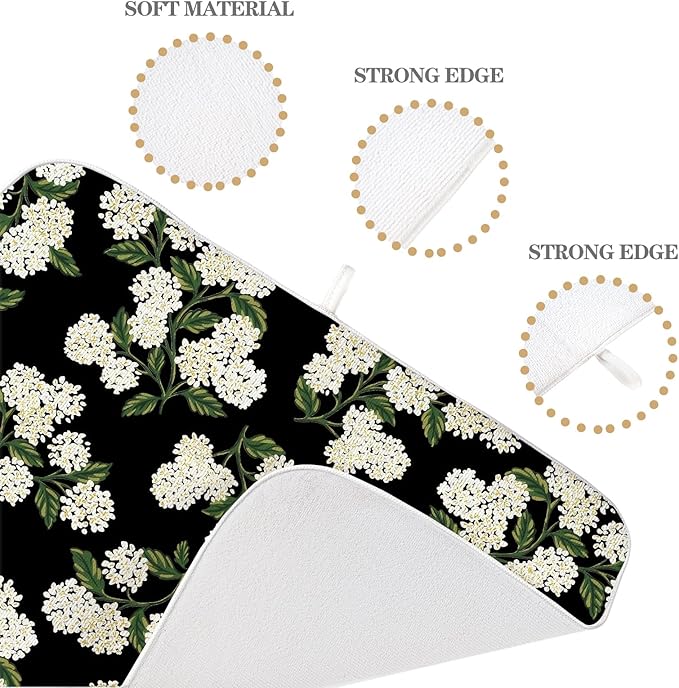 Black Dish Drying Mat 18x24 Inch Green Vintage Floral Hydrangea Flower Drying Mat Spring Summer Seasonal Absorbent Dish Drying Pad Dish Rack Drainer Mats for Kitchen Dining Counter