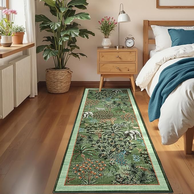 GarveeHome Jungle Rug 2x6 Kitchen Runner Rug Non Slip Washable Runners for Hallways, Animal Print Runner Rugs with Rubber Backing Soft Low-Pile Long Carpet for Bedroom Entryway Laundry, Forest Green