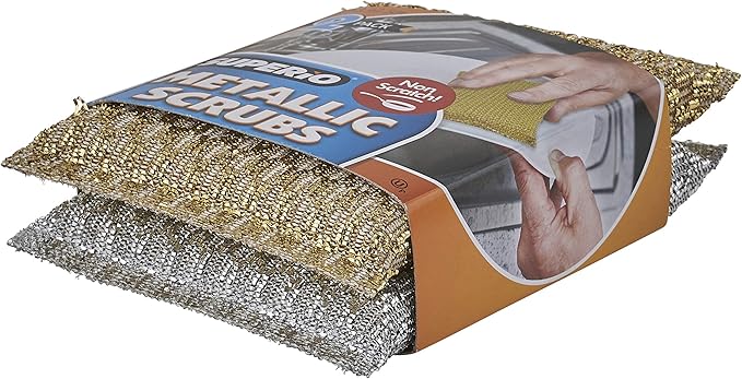 Gold and Silver Kitchen Sponge Scrubber, Heavy Duty Metallic Sink, Pot, Dish Washing Scrubber Non-Scratch, Non-Metal, Kosher Sponge, Pack of 4 (Superio)