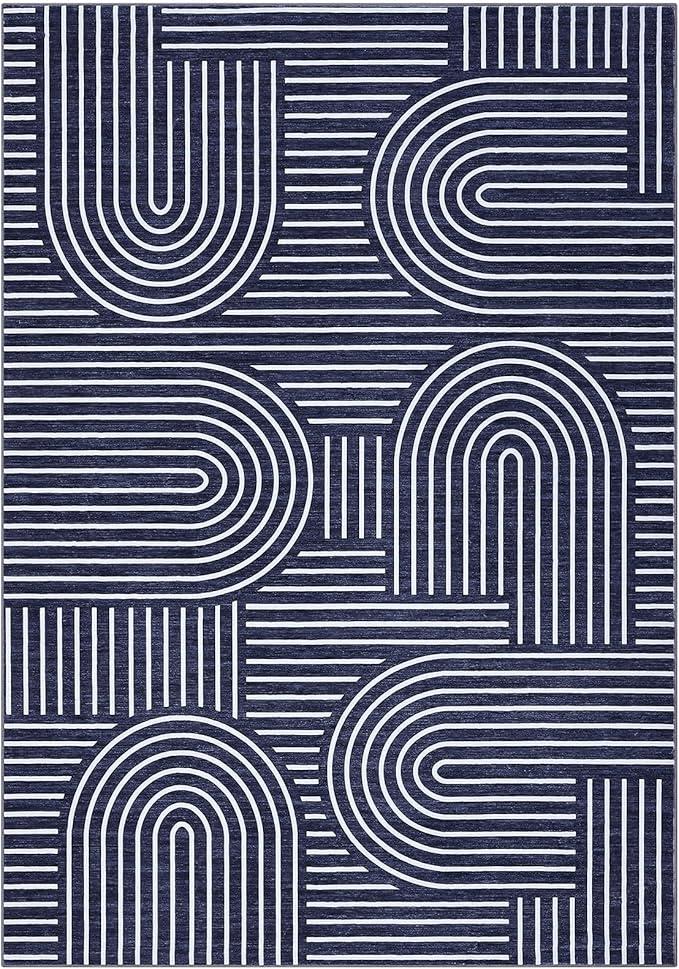 Washable Rug 4x6 Area Rugs for Living Room, Abstract Rug for Bedroom, Soft Rainbow Non Slip Throw Rugs with Rubber Back, Low Pile Stain Resistant Boho Geometric Carpet for Dining Room, Blue