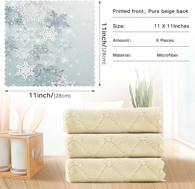 ALAZA Dish Towels Kitchen Cleaning Cloths Silver Snowflakes Winter Christmas Dish Cloths Absorbent Kitchen Towels Lint Free Bar Tea Soft Towel Kitchen Accessories Set of 6,11"x11"