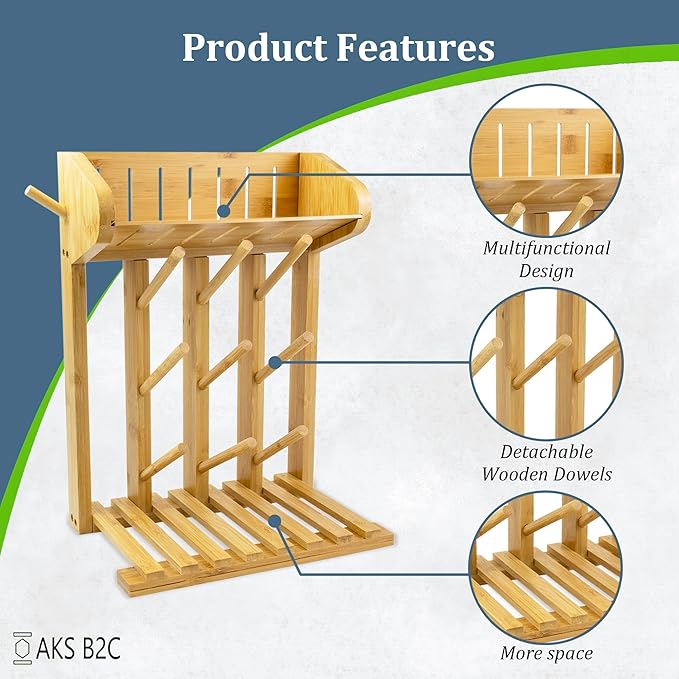 Bamboo Baby Bottle Drying Rack, Vertical Space Saving Kitchen Organizer, 9 Bottle Capacity, Countertop Storage Holder and Bottle Dryer with Draining Base (Comes with a Free Cleaning Brush)