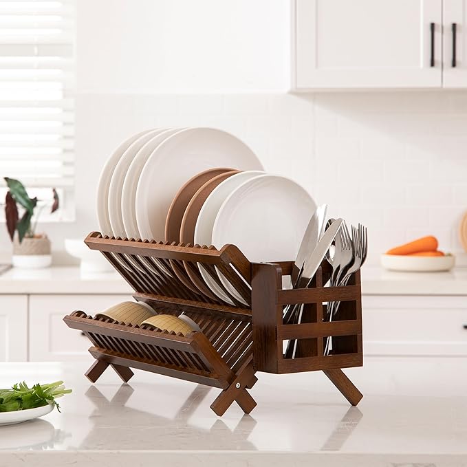 HBlife Dish Rack,Teak Folding 2-Tier Collapsible Drainer Dish Drying Rack with Utensils Flatware Holder Set