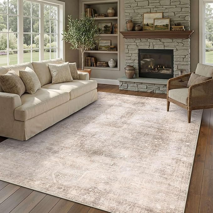 Vintage 5x7 Beige Brown Rug, Washable Neutral Area Rugs For Living Room, Bedroom, Dining Room, Kitchen, Boho Indoor Soft Rugs For Classroom Nursery Dorm, Distressed Low Pile Carpets For Office