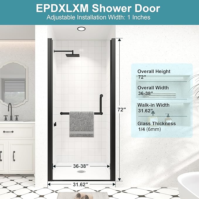 Frameless Pivot Shower Door 36"-38" Wx72 H,1/4"(6mm) Clear Nano Coated (SGCC) Tempered Glass,Reversible Swing Shower Door for Walk-in Shower,Modern Matte Black Finish