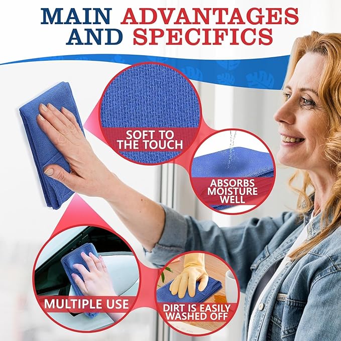 Huck Towels -12 Pack 24"x16.5" Cotton Blue Shop Towels - Large Cotton Rags for Cleaning, Reusable Cloths for Kitchen, Bar, Garage, Housekeeping | Absorbent Cleaning Cloths for Wiping & Polishing