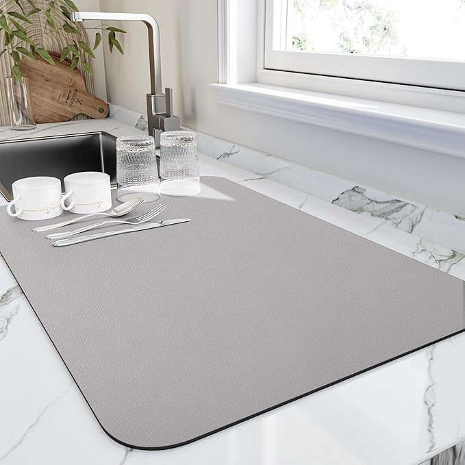 Dish Drying Mat for Kitchen Counter, Heat Resistant Drainer Mats with Non-slip Rubber Backed, Hide Stain Kitchen Super Absorbent Draining Mat, Easy to Clean Dish Rack Pad, Grey 18"x28"