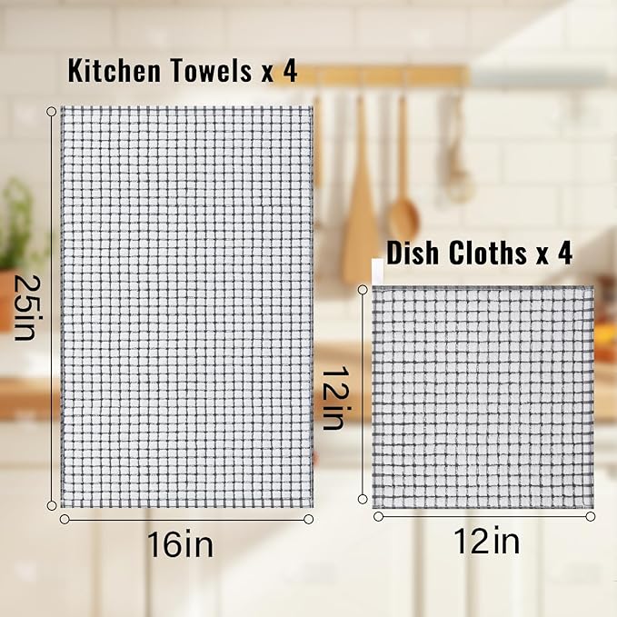 Homaxy Kitchen Towels and Dishcloths Set, 16 x 25 and 12 x 12 Inches, Set of 8 Cotton Terry Kitchen Dish Towels, Super Soft and Absorbent Dish Cloths, Grey