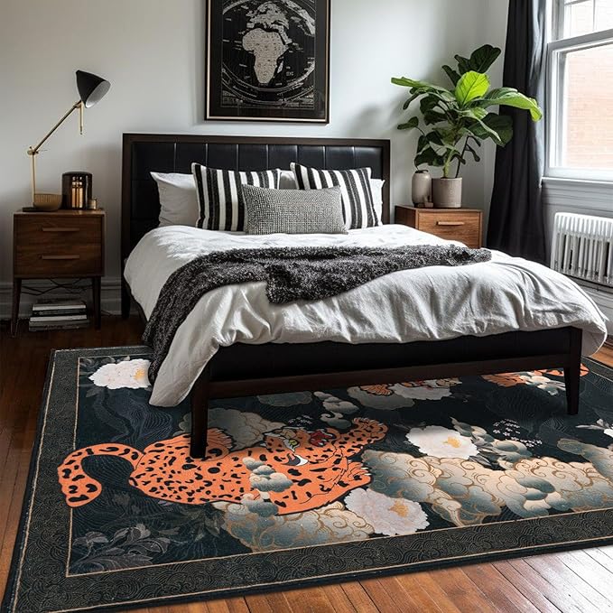 Tiger 6X9 Area Rug, Japanese Washable Leopard Tiger Rugs for Living Room, Vintage Large Soft Dining Room Rug, Non Slip Ultra Thin Stain Resistant Floor Carpet for Home Office Bedroom, Black