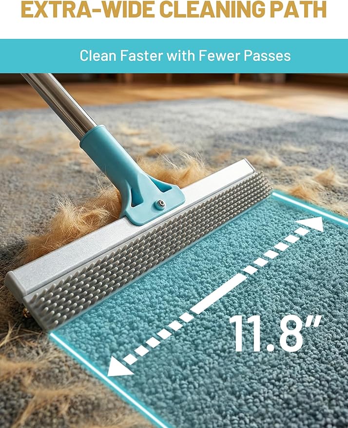 DELOMO Carpet Rake for Pet Hair Removal Carpet Scraper Broom with 54” Adjustable Long Handle, Dual-Sided, Metal + Short Silicone for Carpets & Rugs, Extended Silicone for Shag Rugs & Hard Floors