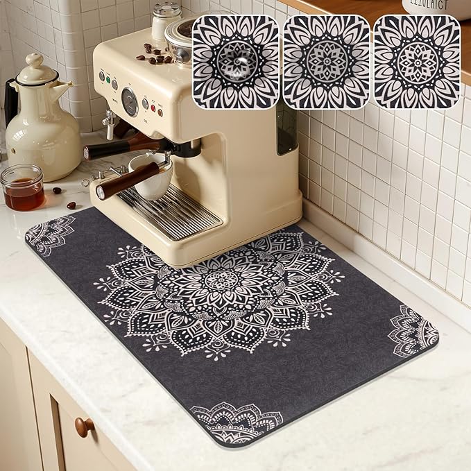 Yamaziot Boho Coffee Mat 12"x20", Floral Dish Drying Mat for Kitchen Counter, Non Slip Coffee Bar Accessories Espresso Machine Dish Rack
