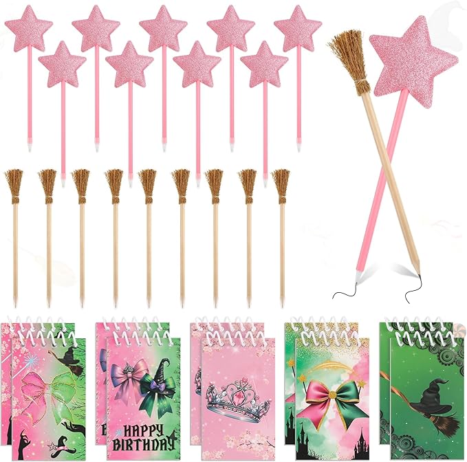 40 Pcs Princess and Witch Party Favors Include 10 Witch Broom Pencils 10 Pink Star Ballpoints 20 Mini Notebooks for Wizard Birthday Witch Halloween Party Supplies