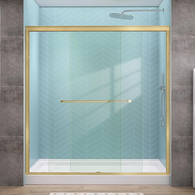 GETPRO Shower Door Double Sliding 68-72 in. W x 72 in. H Semi-Frameless Bypasss Bathroom Glass Shower Sliding Doors,1/4 inch Clear Tempered Glass Door for Walk-in Shower Brushed Gold