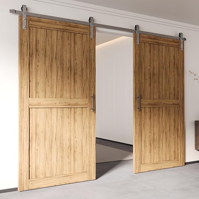 Homacer Brushed Nickel Non-Bypass Sliding Barn Door Hardware Kit, for Two/Double Doors, 14ft Long Flat Track, Classic Design Roller, Heavy Duty, for Interior Use Only（Doors Not Included）