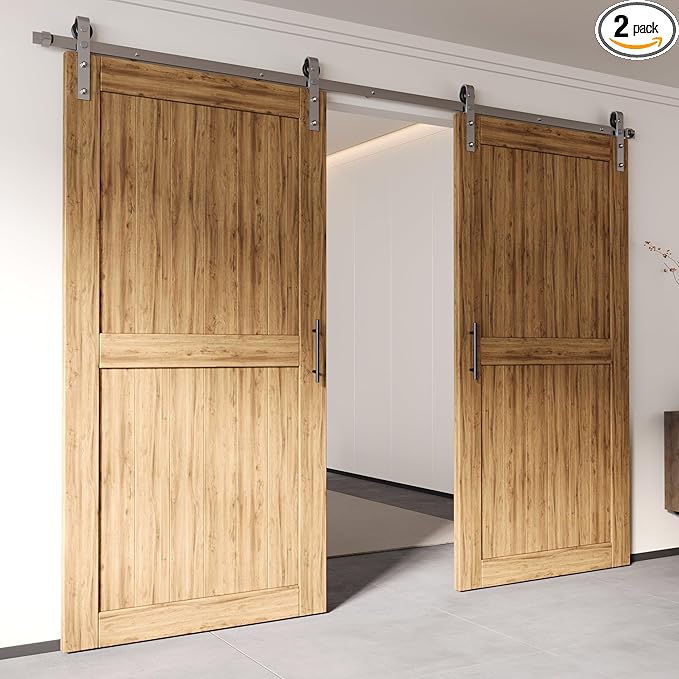 Homacer Brushed Nickel Non-Bypass Sliding Barn Door Hardware Kit, for Two/Double Doors, 6.6ft Long Flat Track, Classic Design Roller, Heavy Duty, for Interior Use Only（Doors Not Included）