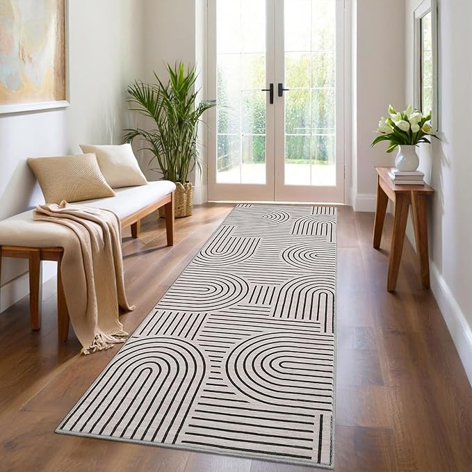 Modern Rug 2.5x8 Runners for Hallways, Abstract Kitchen Runner Rugs Non Slip Bath Runner, Rainbow Washable Rug for Bedroom, Soft Long Rugs for Entryway Bathroom Laundry Dorm, LightCamel