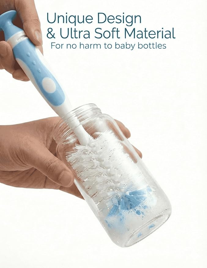 Baby Bottle Brush Set 4 in 1, Baby Bottle Cleaner, with 1P Nylon Bottle Brush, 1P Bottle Cap Brushes, 2P Straw Brushes, Bottle Brush with Nipple Cleaner and Suction Cup, BPA-Free(Blue)