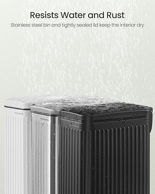 SONGMICS Bathroom Trash Can, 1.6-Gallon (6 L) Trash Bin with Lid, Slim for Small Spaces, Stainless Steel Garbage Can, Soft Close, White ULTB563W02