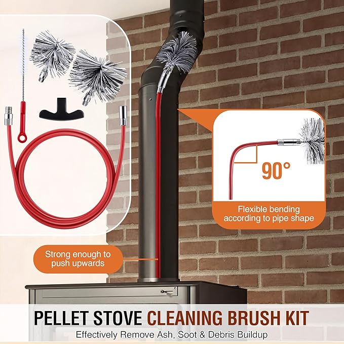 Feekoon Pellet Stove Cleaning Kit, 10 FT Flexible Steel Rod with 3" & 4" Brush Head, Flue Detail Cleaner, Pellet Stove Accessories for Vent Pipes Cleaning - Reduce Buildup & Improve Airflow